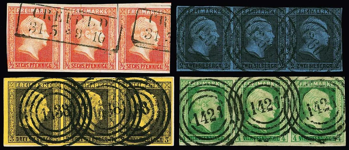 First issue complete in horizontal used strips of three, 1/2 Sgr. two values touched, 2 Sgr. one value close, otherwise good condition, the 3 Sgr. partly cancelled contrary to regulations. Mi. 1440,-