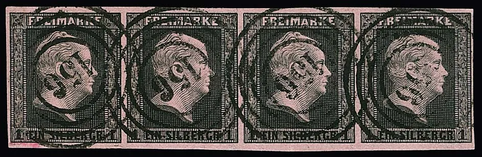 1 Sgr. noir/rose, bande de quatre de cabinet avec NS clairs "156" (Boppard). Bonne unité de la collection "Romanow", signé Drahn, Kruschel. Mi. 500,-