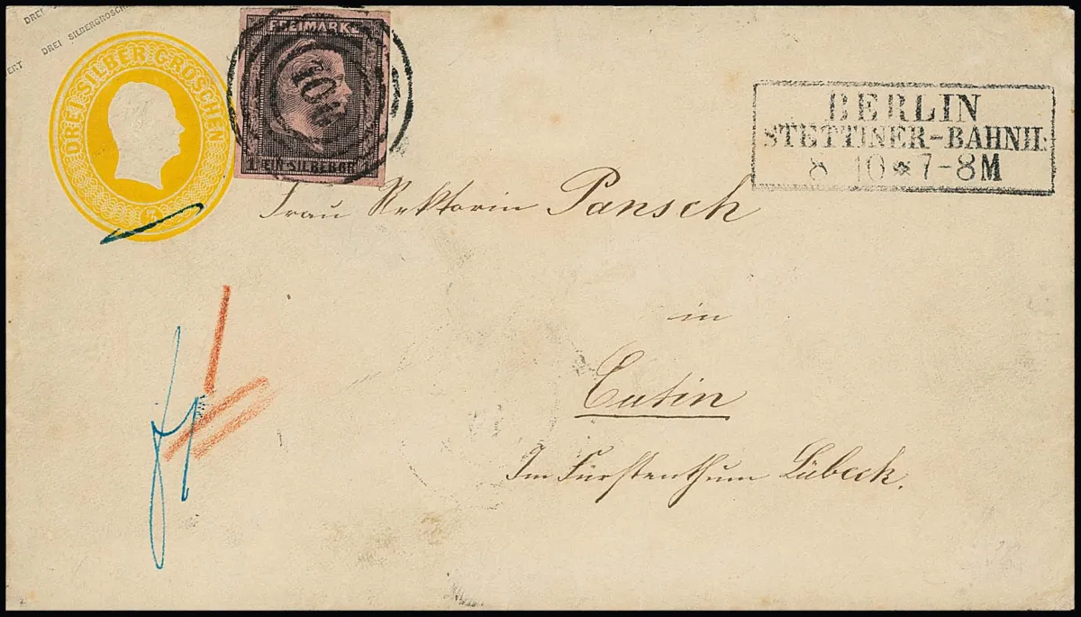 1 Sgr. noir/rose, pièce de cabinet sur entier 3 Sgr. jaune (celui-ci au verso petit défaut d'ouverture), avec NS "106" et Ra3 "Berlin Stettiner-Bahnh." vers Eutin près de Lübeck, à cette époque danois