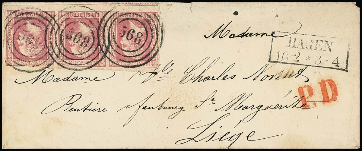 1 Sgr. rosa im teils überrandigen Dreierstreifen (nur rechte Marke oben berührt) auf Damencouvert (dieses in ursprünglicher Gebrauchserhaltung) mit NS "568"…