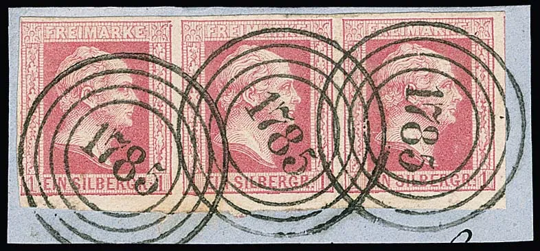 1 Sgr. roze, twee stroken van drie op kabinetbriefstukken met NS "103" resp. "1785", Mi. 360,- +