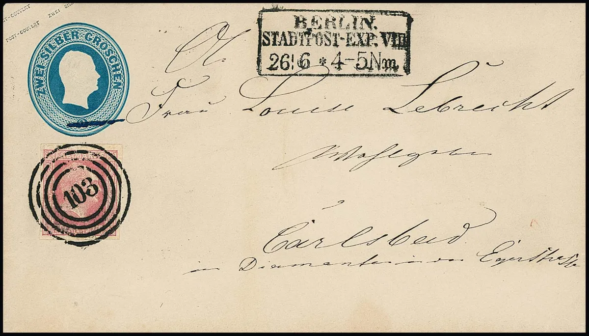 1 Sgr. rose with NS "103" and Ra3 "Berlin Stadtpost-Exp. VIII" on 2 Sgr. blue postal stationery to Carlsbad, cabinet