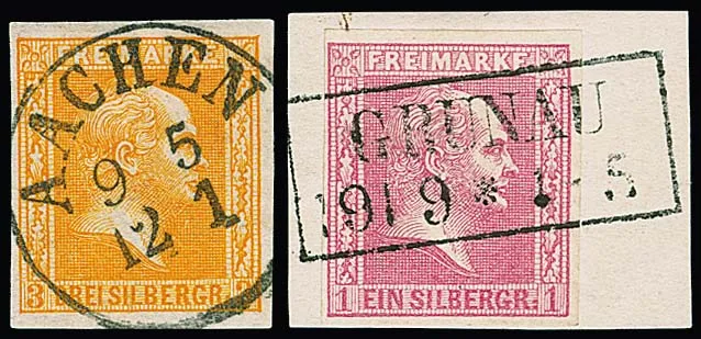 1 Sgr. pink on luxury letter piece with Ra2 "Grunau" ideal, and a loose luxury piece 3 Sgr. orange with ideal K1 "Aachen", both ex Metzer