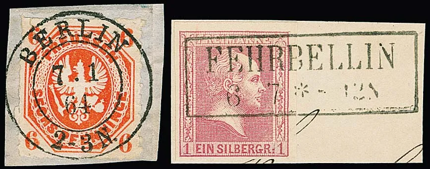 1 Sgr. pink (Ra2 "Fehrbellin") and 6 Pfg. orange-red, two cabinet/luxury letter pieces