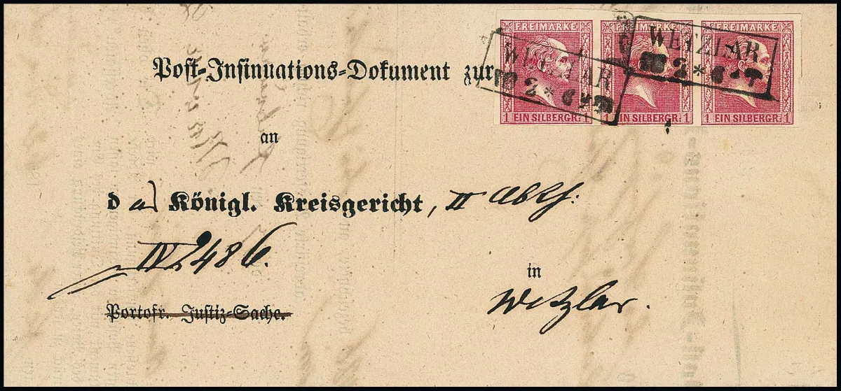 1 Sgr. carmin, bande horizontale de trois de cabinet avec bords complets à larges, avec Ra2 "Wetzlar" sur document postal (formulaire) vers Wetzlar
