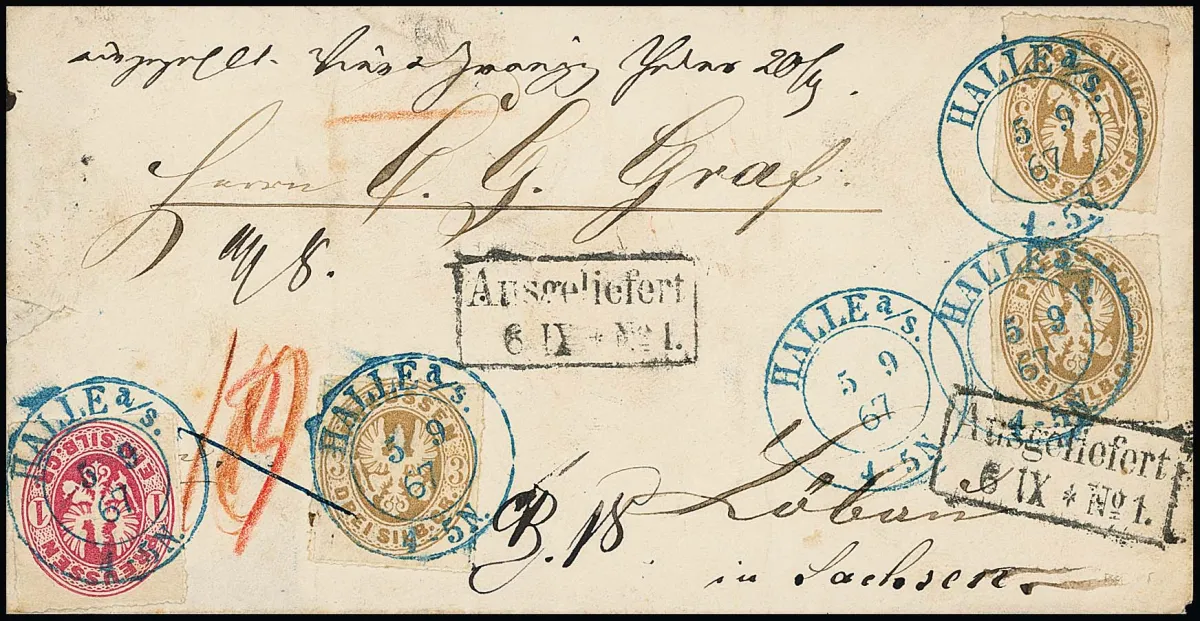 1 Sgr. różowy i trzykrotnie 3 Sgr. ochrowo-brązowy na wspaniałej kopercie wpłaty gotówkowej z niebieskim K2 "Halle a.S." 1867 do Löbau w Saksonii.…