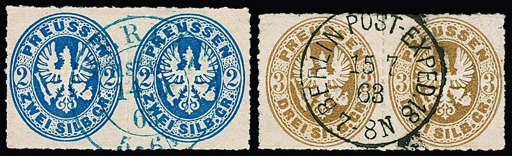 1 až 3 Sgr. každý v párech, navíc třikrát 3 Sgr. volně, každý s ideálními berlínskými razítky, mj. v modré barvě