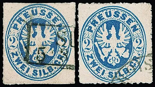 2 Sgr. milky grey-blue, typical shade of the so-called "Hallenser postal forgery", two examples with uses in Troisdorf (from this place a 2nd example…