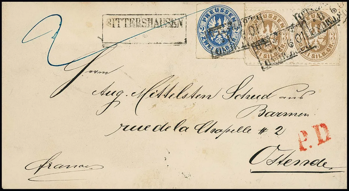 3 Sgr. ockerbraun, Oberrandpaar (unten Nebenmarken) und 2 Sgr. blau, je tadellos, auf Bahnpost-Couvert (nur rs. fleckig) der 2. Gewichtsstufe mit aptiertem…
