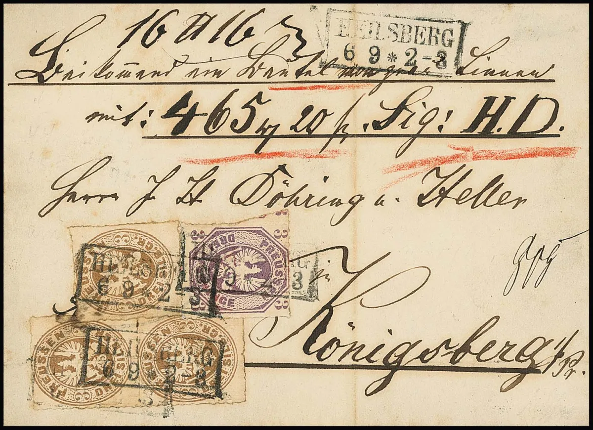 3 Sgr. brun ocre par trois et 3 Pfge. pourpre, pièces magnifiques sur lettre d'accompagnement de colis (légères traces d'usage comme pli central) avec Ra2 "Heilsberg"