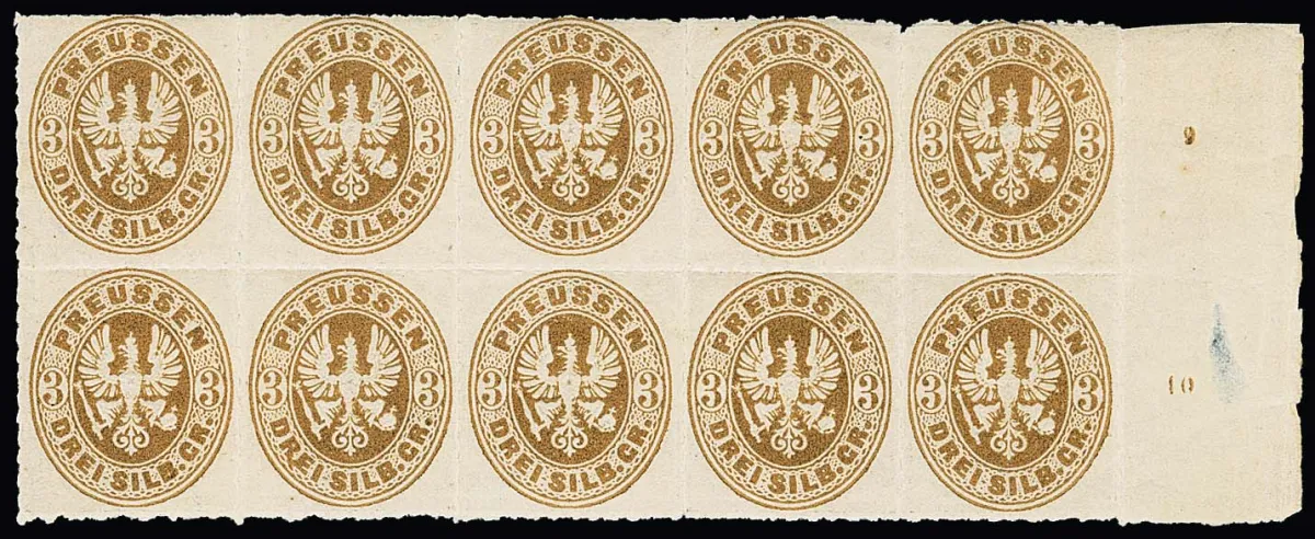 3 Sgr. ockerbraun, meist postfrischer Rand-Zehnerblock, ferner Rand-Vierer- (2, eine Ecke l.o.) und Rand-Sechserblock, -Paar sowie fünf weitere Randstücke