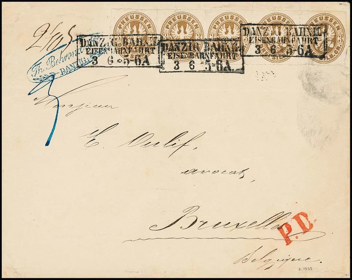 3 Sgr. ockerbraun im Fünferstreifen (ein Wert kl. Randriefe) auf seltenem Auslandsbrief der 3. Gewichtsstufe mit Ra3 "Danzig Bahnh. Eisenbahnfahrt" 1862 nach…