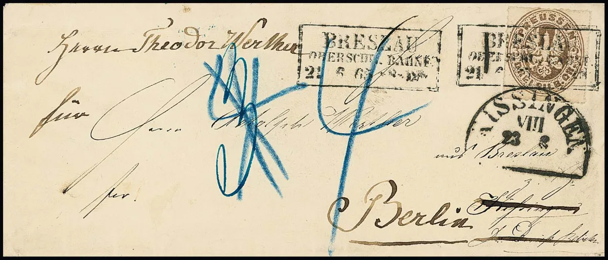 3 Sgr. brun terre sur enveloppe de cabinet avec Ra3 "Breslau Oberschl. Bahnh." vers Kissingen, de là avec HK bavarois "Kissingen" débordant sur le timbre, réexpédié vers Berlin, taxe de nuit modifiée de "3" en "4" Sgr.