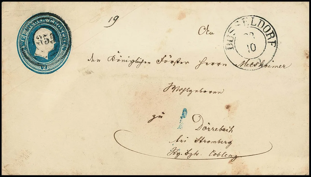 "359" together with K2 "Düsseldorf" in rare use on 2 Sgr. blue headed postal stationery (somewhat stained)
