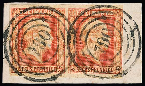 "790" (Alt-Landsberg) clear on piece with pair 1/2 Sgr. brick red (right slightly cut into border line)