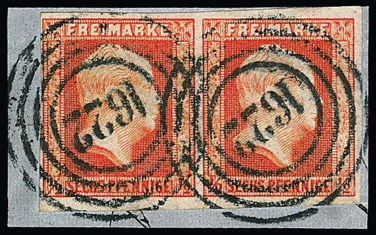 "1622" (Wetter) on cabinet letter piece with pair 1/2 Sgr. brick red