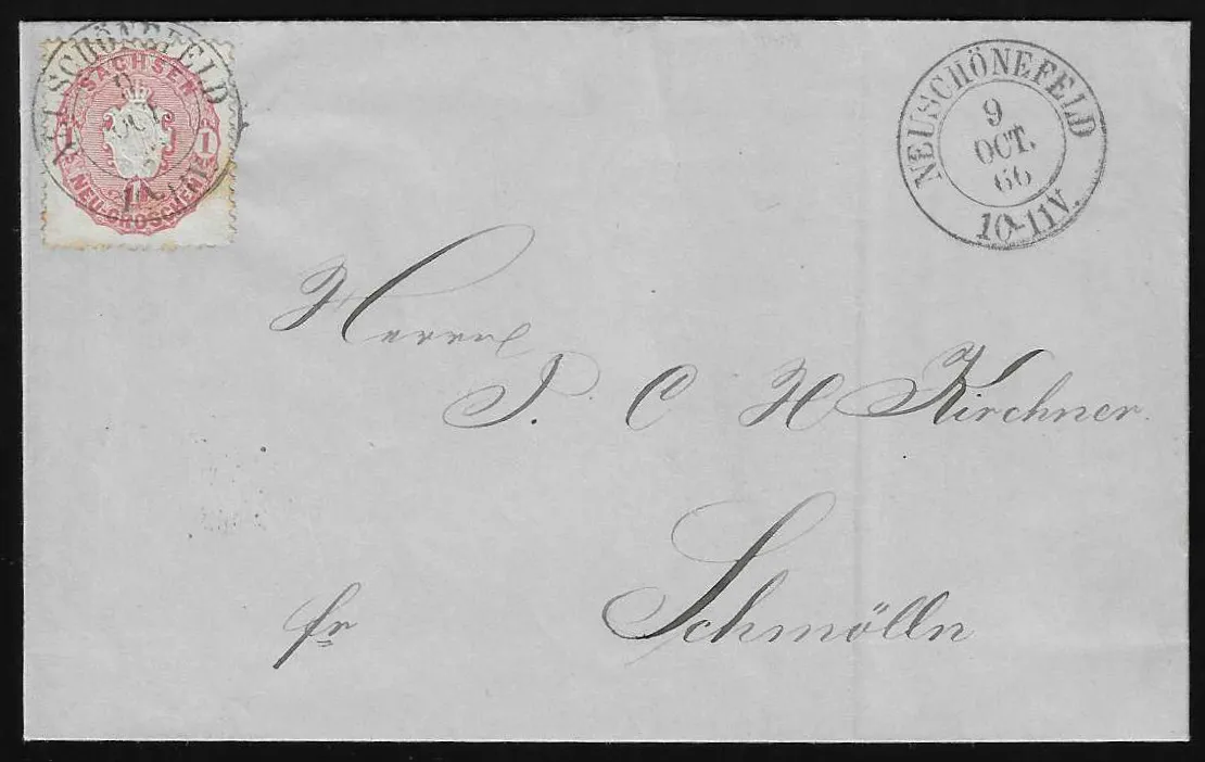 "Neuschönefeld", K2 clear on folded letter with coat of arms 1 Ngr. (minor perf tip patina)