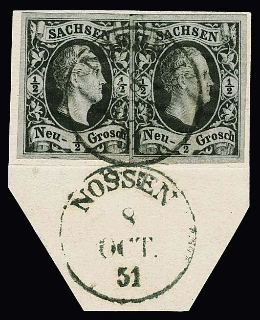 "Nossen", K1 klar auf Kabinettbriefstück mit zweimal 1/2 Ngr. August