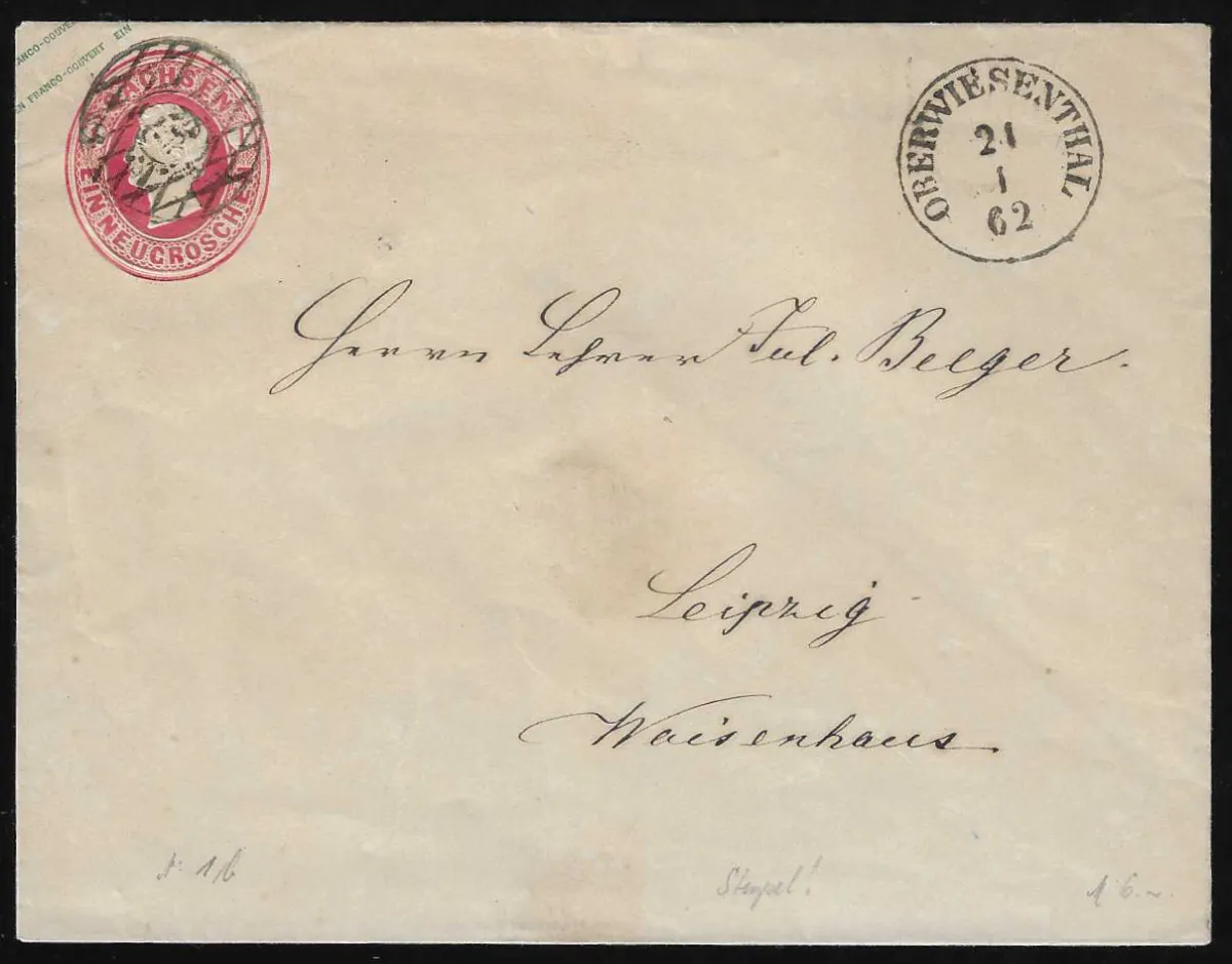 "159" avec K1 "Oberwiesenthal" net sur entier Johann 1 Ngr. grand format