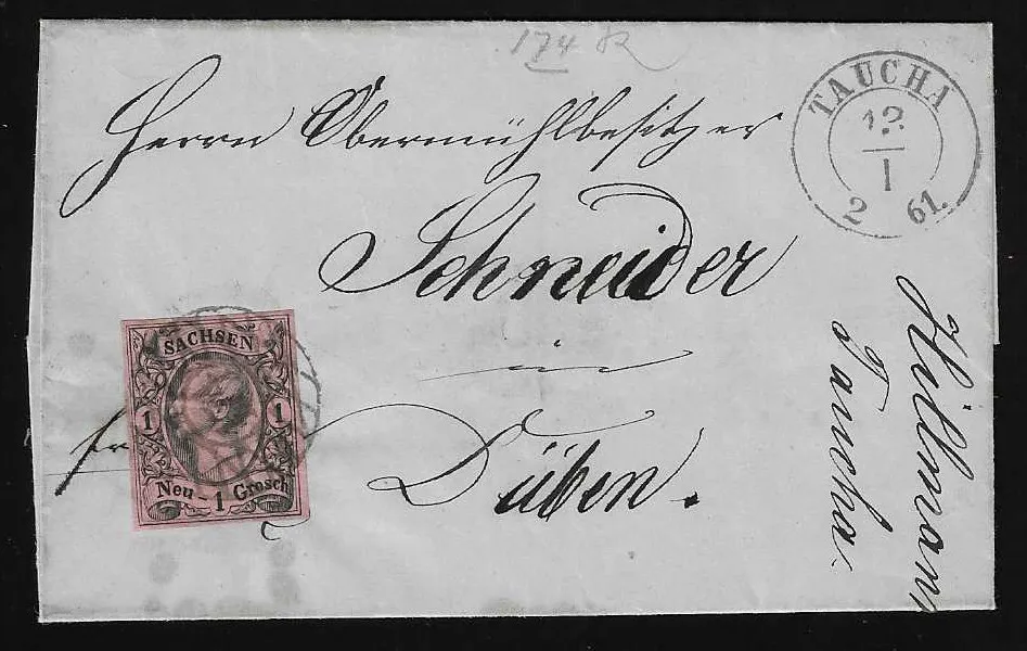 "174" with K2 "Taucha" on small letter (slight signs of use) with cabinet piece 1 Ngr. Johann