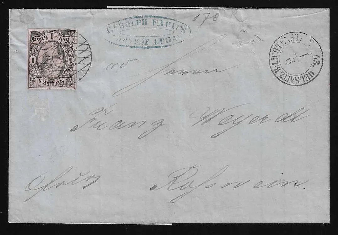 "178" with K2 "Oelsnitz bei Lichtenstein" on folded letter with perfect 1 Ngr. Johann