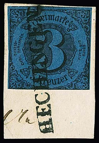 "Hechingen", L1 voll und ideal auf Briefstück 3 Kr., 1. Ausgabe