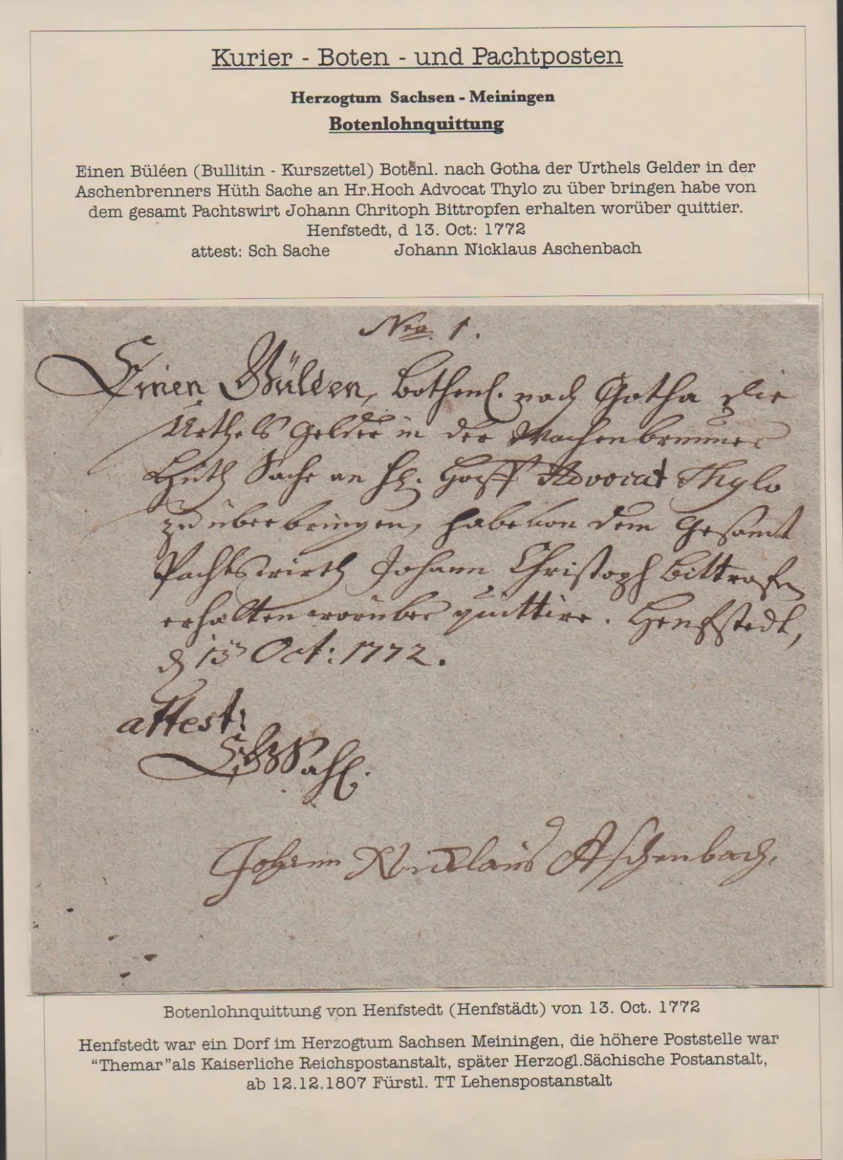 "Henfstädt", 1772, handschriftliche Botenlohnquittung