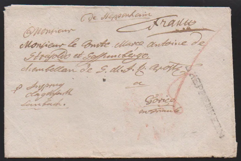 "Heppenheim", (1795), both ms. "de Heppenheim" and first L1 "D' HEPPENHEIM" on foreign cover to Gorice (today Slovenia!)