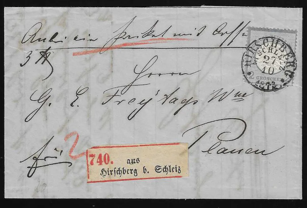 "Hirschberg bei Schleiz", clear post-use K1 (special form) on decorative luxury parcel letter (with label) with 2 Gr. gr. Brustschild to Plauen, signed