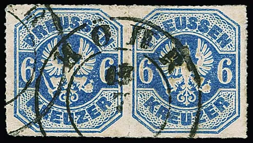 "Höhr", großer nachverw. K2 auf Preußen 3 Kr. karmin (2), Paar 6 Kr. ultramarin und 9 Kr. ockerbraun, seltener Stempel