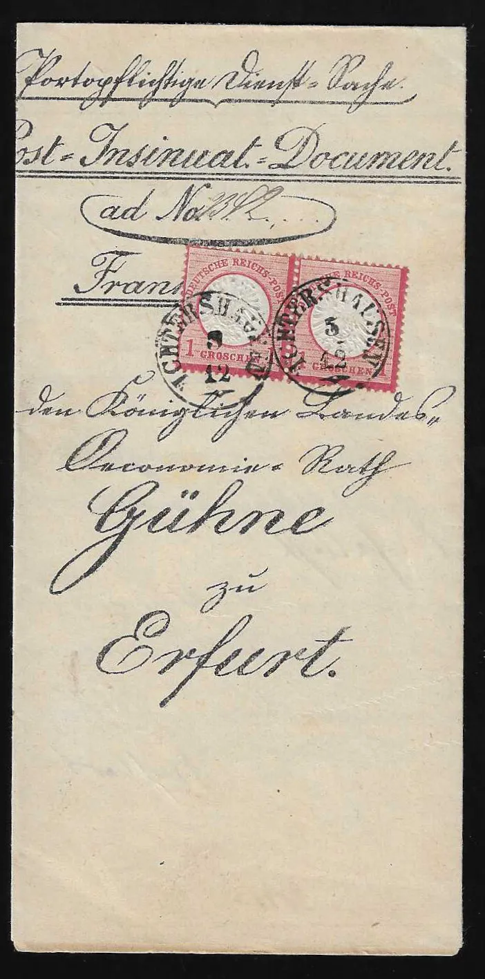 "Ichtershausen", post-use K1 on cabinet postal document with pair 1 Gr. gr. Brustschild
