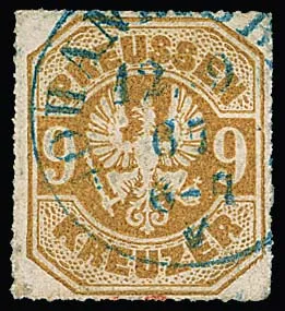 "Johannisberg", rare blue post-use K1 clear on Prussia 9 Kr. (slight crease trace), photo expertised Flemming