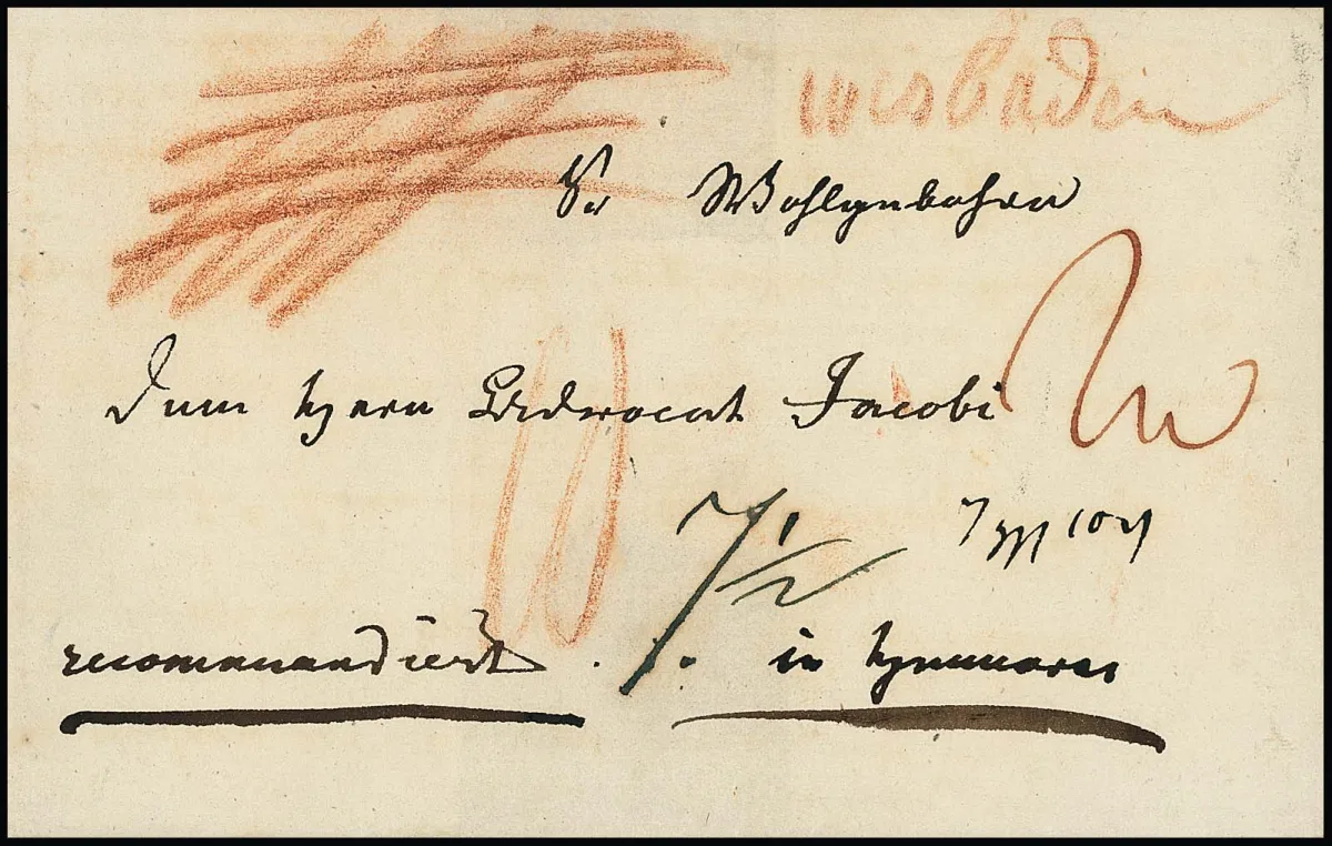 "Wiesbaden", (1810), handwritten red chalk marking on registered letter cover to Hanover, signed Feuser, plus small L1 "WISBADEN" on folded letter with contents 1801 to...