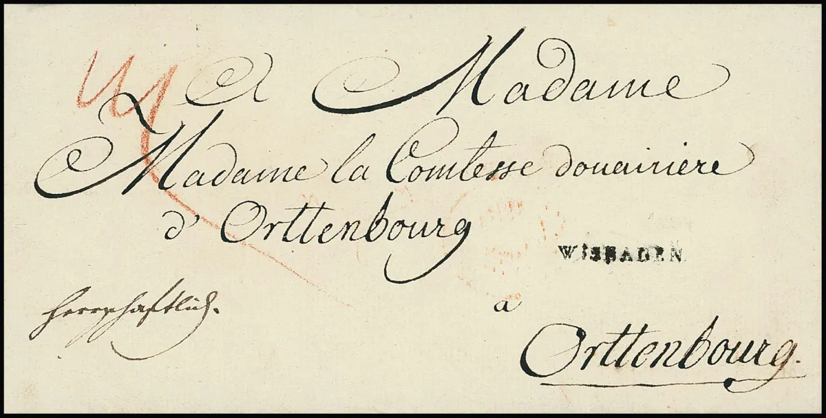 "Wiesbaden", 1787, premier L1 "WISBADEN" sur lettre de deuil cachetée en noir avec signature autographe intérieure du duc Carl de Nassau-Usingen