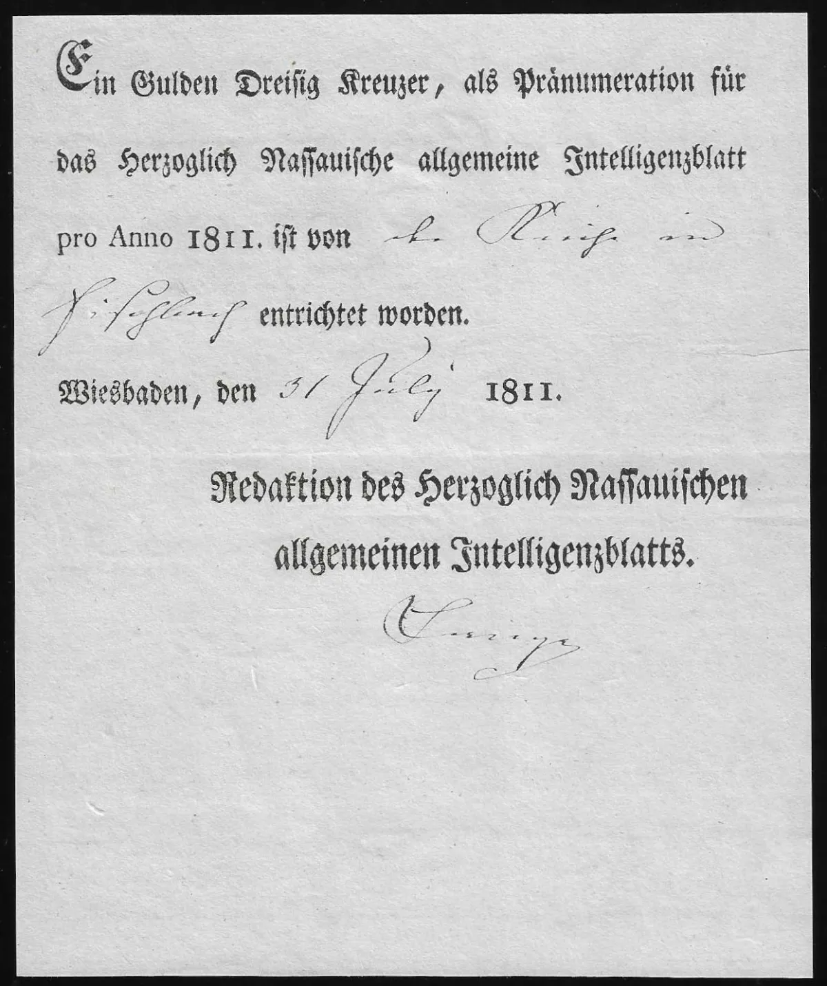 "Wiesbaden", 1811, Pränumerations-Zeitungsschein aus der Franzosenzeit ohne weitere Bezeichnung