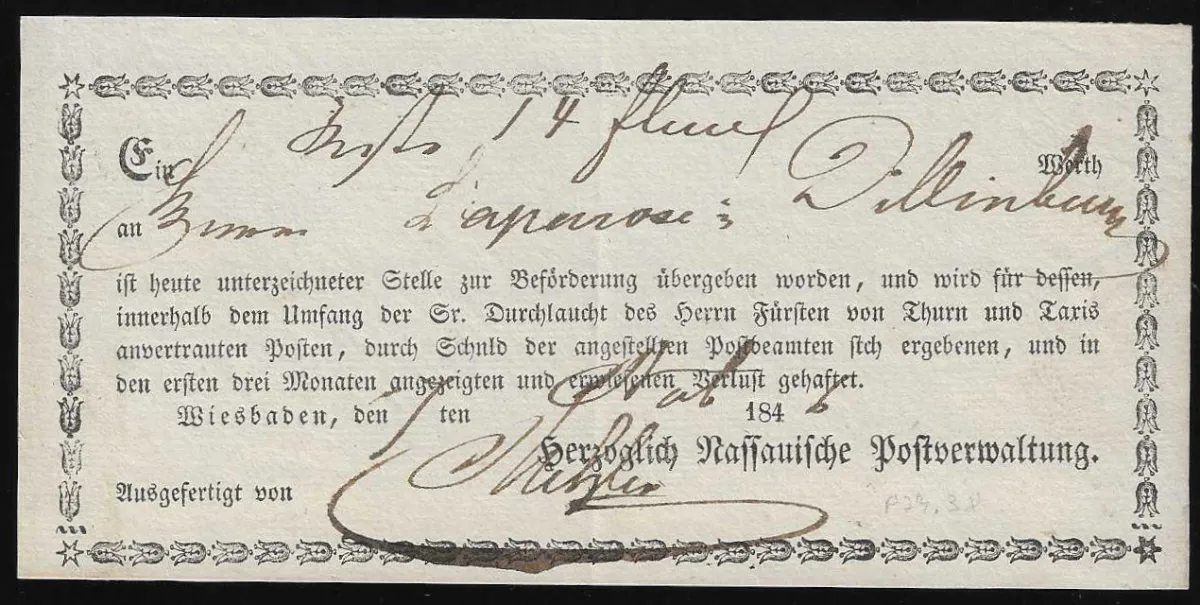 "Wiesbaden", 1842/46, deux mandats-poste locaux imprimés à cadre décoratif différents "herzoglich Nassauische Postverwaltung", dont une variante non listée dans le manuel