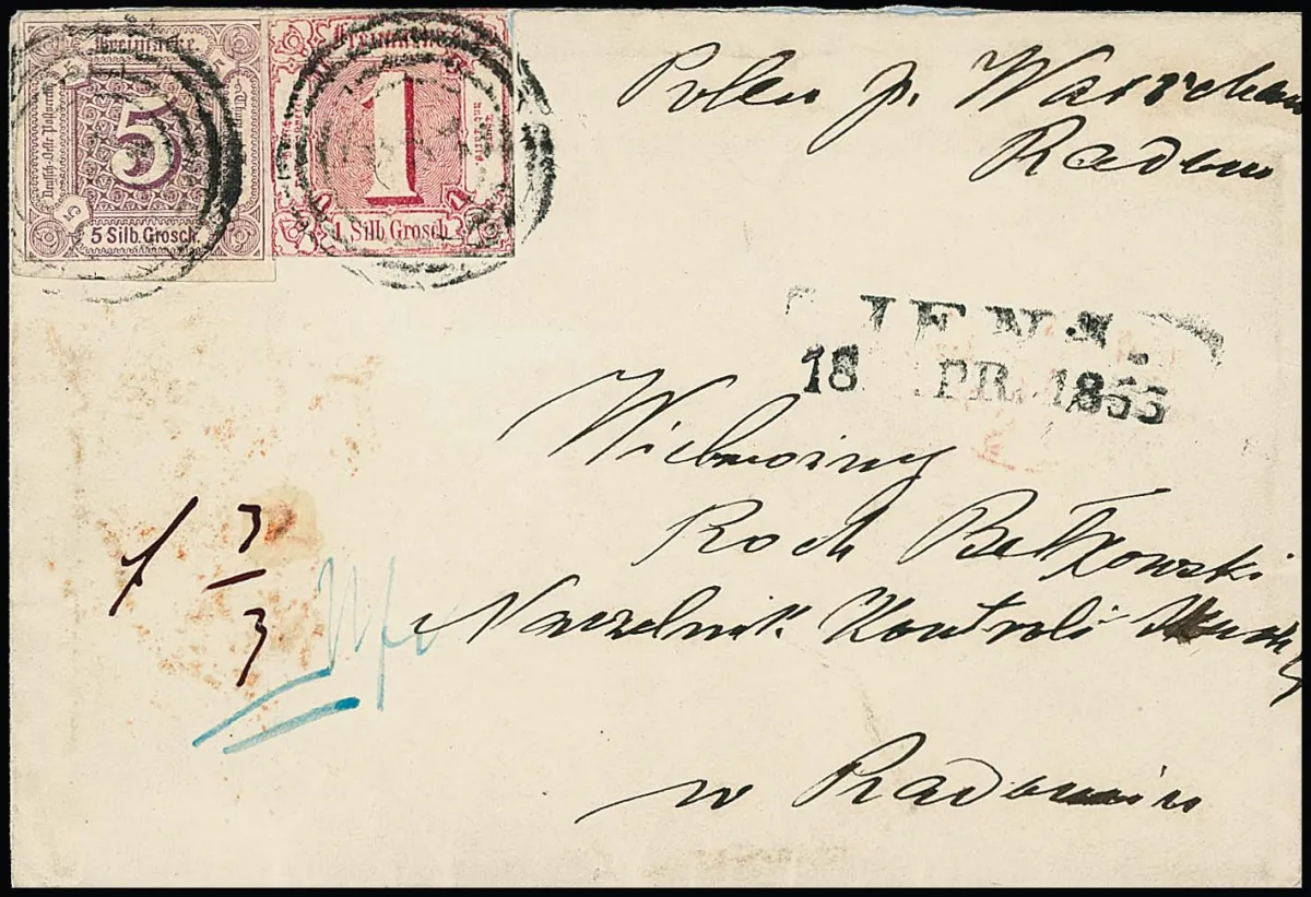 5 Sgr. purple, wide-margined small lower left sheet corner, and 1 Sgr. red on ladies' cover from Jena 1865 to Radom/Russian Poland. Small defects (each small tear), postage 3 Sgr. Postal Union and 3 Sgr. Weiterfranko, unusual with this destination. Certificate Gärtner