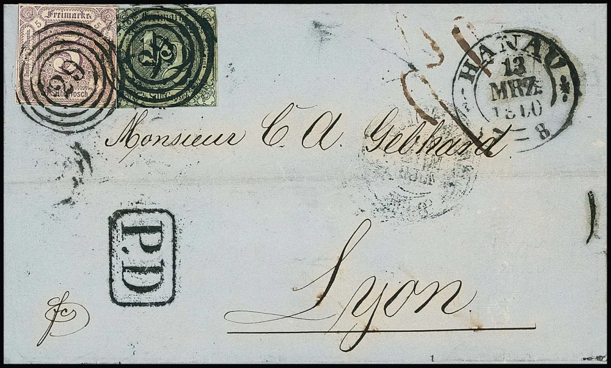 5 Sgr. purpur in Mischfrankatur mit 1/2 Sgr. schw./graugrün auf blauem Faltbrief nach Lyon, klare NS "29" und K2 "Hanau", meist vollrandiger Taxisschnitt