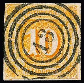 10 Sgr. orange, full to wide-margined cabinet piece with very clearly centred NS "13" (Carlshafen), signed Opitz. Mi. 650,-