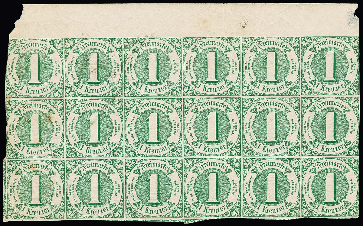 1 Kr. green, rare top margin block of 18 with mostly mint never hinged stamps, small defects (two values marginal faults, 4th row bend, left somewhat foxed), nevertheless a rare large unit, as there were no remainders