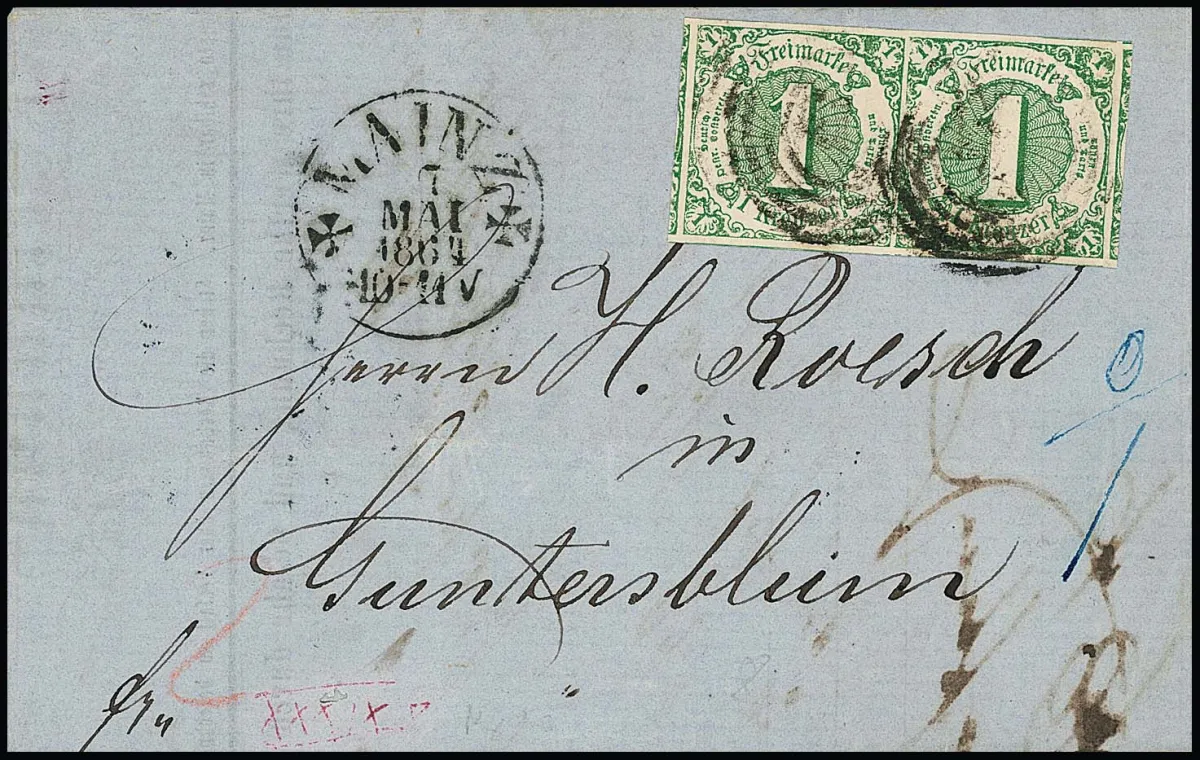 1 Kr. vert, paire de cabinet coupée extrêmement large (marges de voisinage de tous les côtés) sur lettre de Mayence à Guntersblum