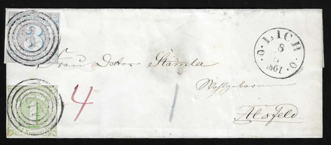 1 Kr. vert et 6 Kr. bleu chacun sur deux lettres, NS "132" et K1 "Lich", ainsi que NS "165" et K1 "Zwingenberg" (celui-ci avec traces d'usage typiques, découpe Taxis)