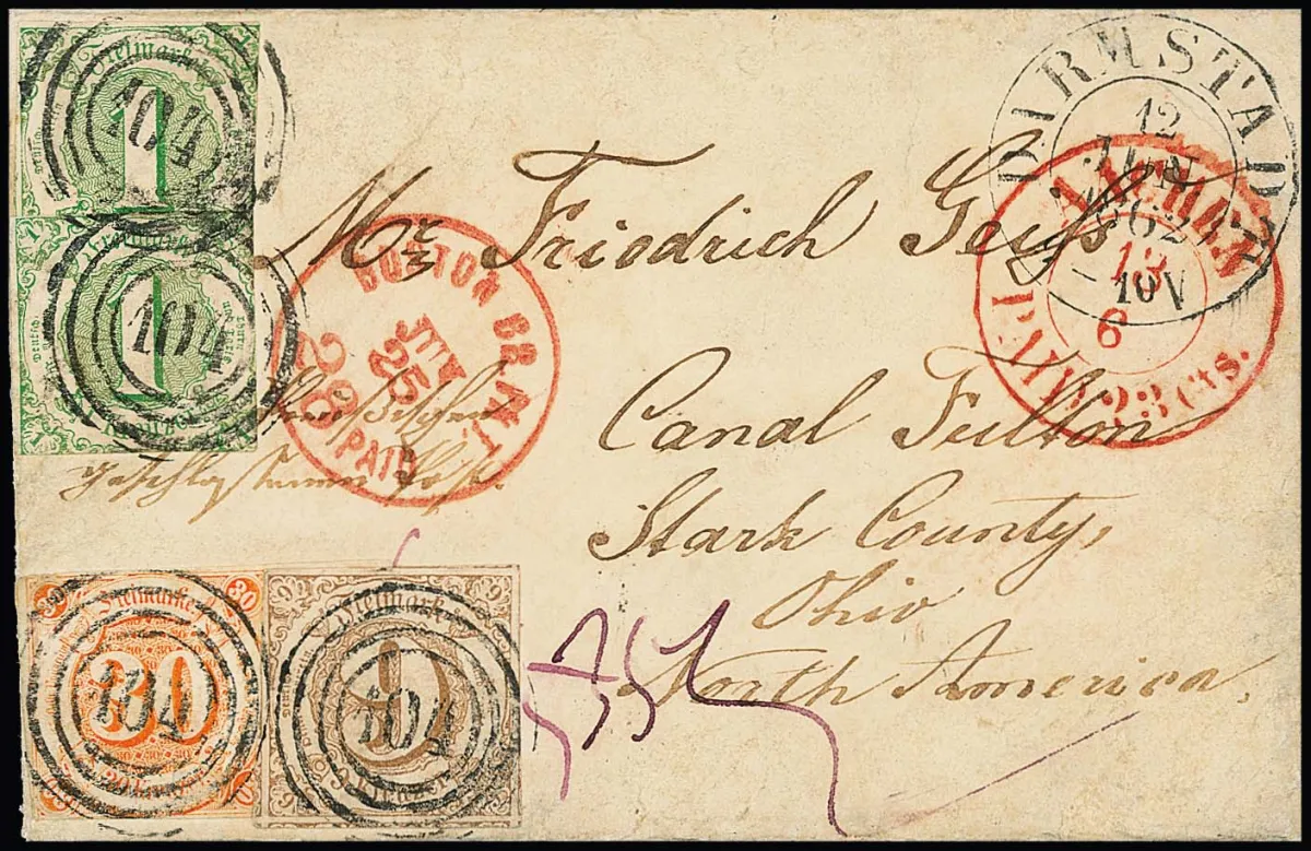 1 Kr. зелёная пара, 30 Kr. оранжевая с 11мм полем справа (!), поверх наклеена 9 Kr. охристо-коричневая с огромным полем, на дамском конверте с NS "104"…