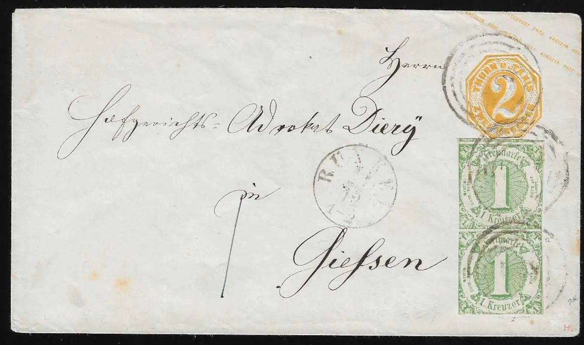 1 Kr. green in vertical pair, Taxis cut, on 2 Kr. yellow postal stationery, with delicate NS "204" and K1 "Runkel" to Gießen, signed Krause