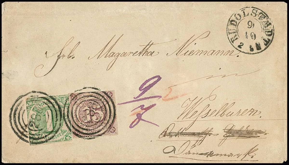 15 Kr. pourpre et 1 Kr. vert, affranchissement découpé 16 Kr. sur lettre avec NS "288" et K2 "Rudolstadt" vers le Danemark (légères traces de transport)