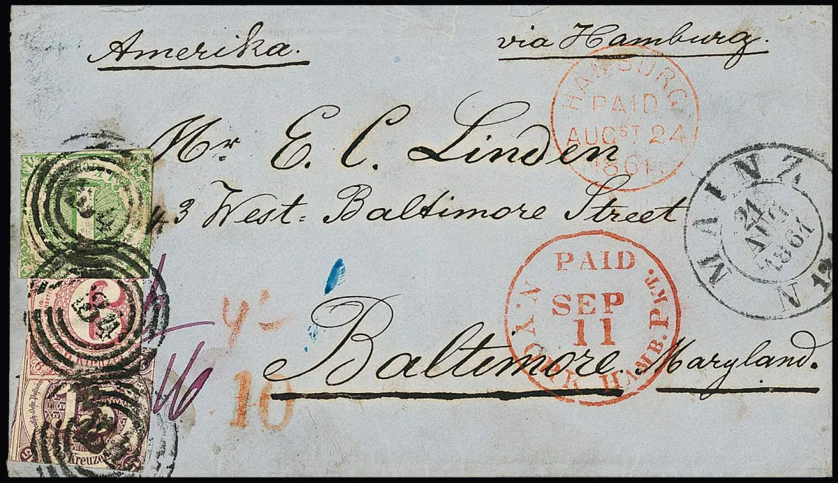 1 Kr. vert, 6 Kr. rouge et 15 Kr. pourpre, découpe Taxis typique, collés en escalier sur enveloppe outre-mer de Mayence 1861 via Hambourg vers Baltimore/USA, expertise photo Sem