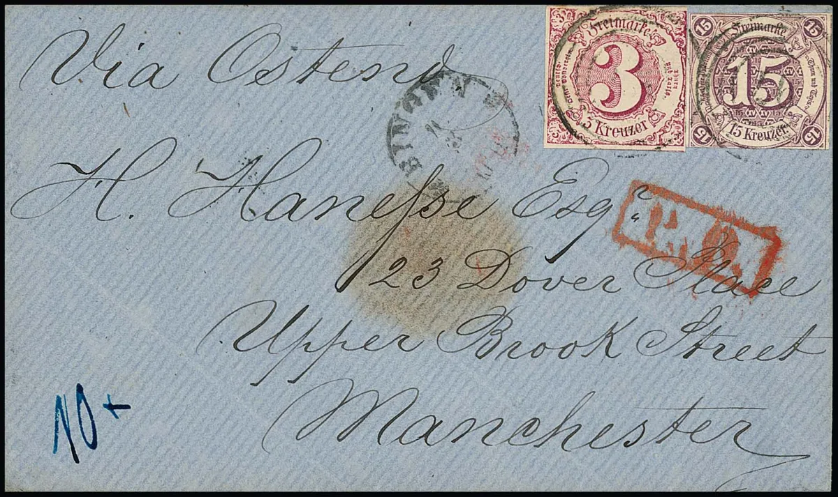 15 Kr. paars, Taxis-snede, en goed gerande 3 Kr. karmijnroze, op omslag van Bingen 1864 naar Manchester