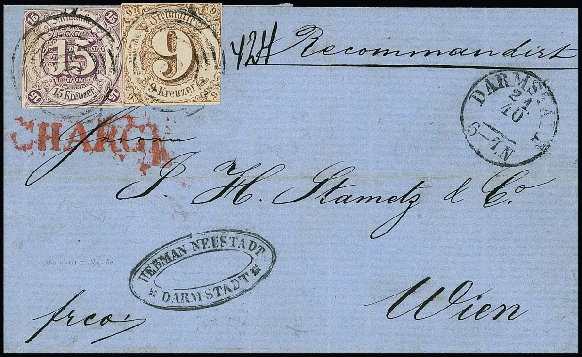15 Kr. pourpre en affranchissement mixte avec 9 Kr. brun ocre, généralement bien découpé, sur lettre chargée de Darmstadt à Vienne, avec L1 latéral rouge "Chargé"