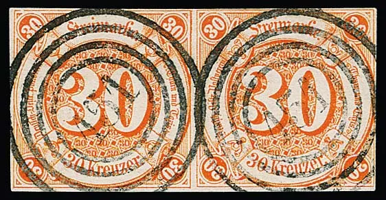 30 Kr. orange rouge, paire magnifique horizontale, tous côtés pleine à large marge, avec NS clairs "151" (Romrod). Dans l'intervalle trace de pli peu visible, dans le certificat Sommer joint impeccable non mentionné. Mi. 2200,-