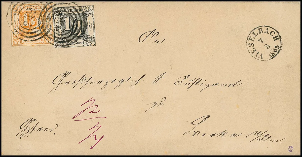 1/4 Sgr. černá a 1/2 Sgr. oranžová, obvyklý střih, na dopise s NS "249" a datovým razítkem "Vieselbach" 1865